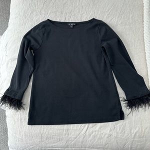 J. CREW Black Long Sleeve Top With Feather Trim Size Small